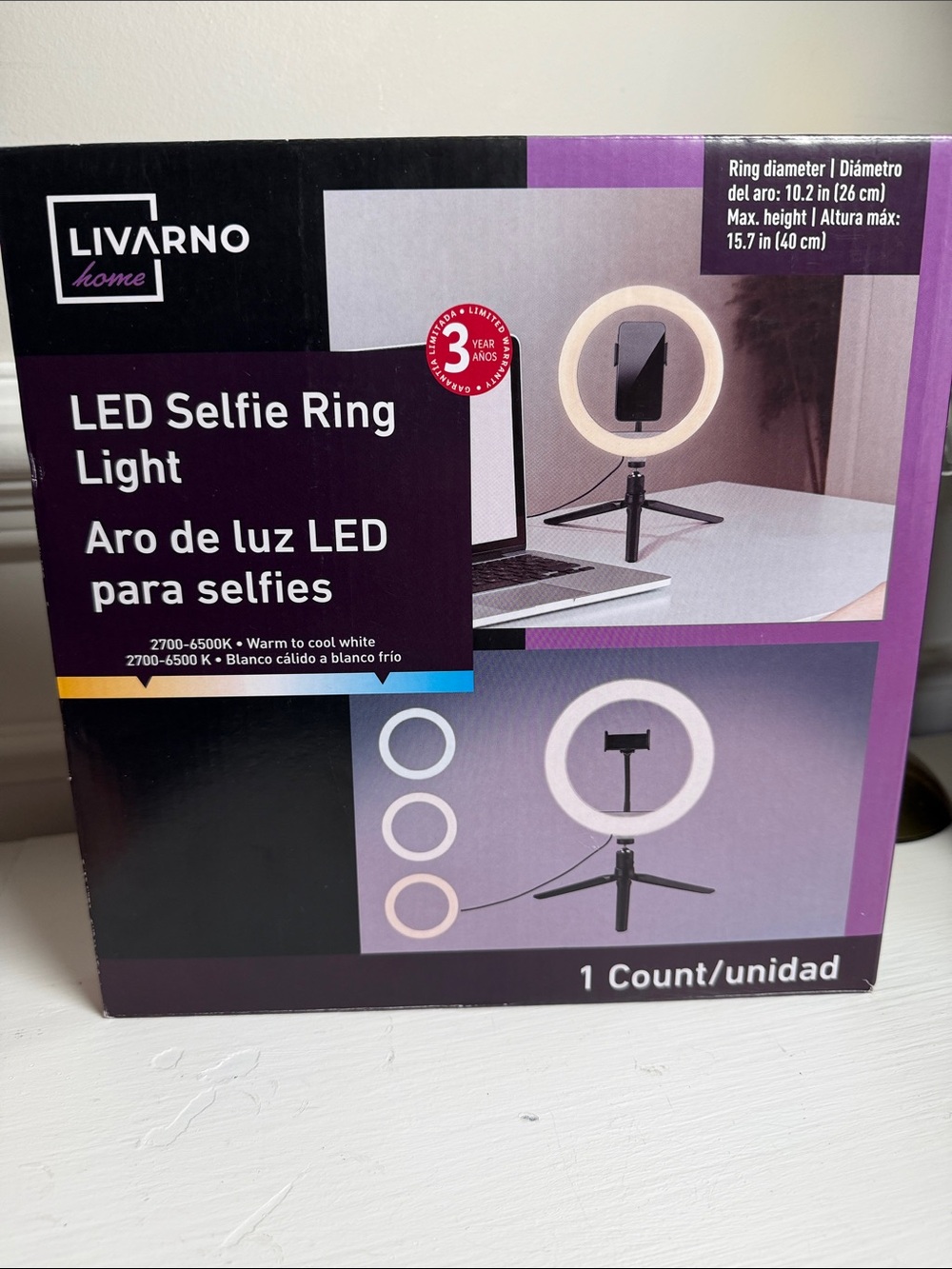 Livarno Home LED Selfie Ring Light with Tripod – 10.2”. New in Box!